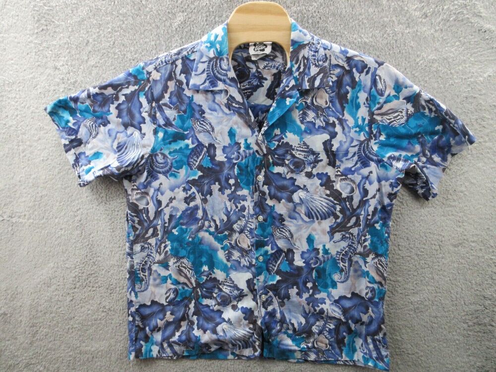 Vintage HILO HATTIES Men's 2XL XXL Cotton Hawaiian Button Shirt Seahorses Shells